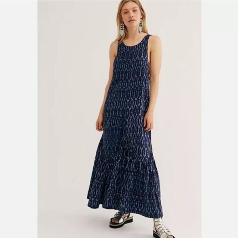 Free People Blue Maxi Sleeveless Boho Flowy Tiered Dress Size Medium